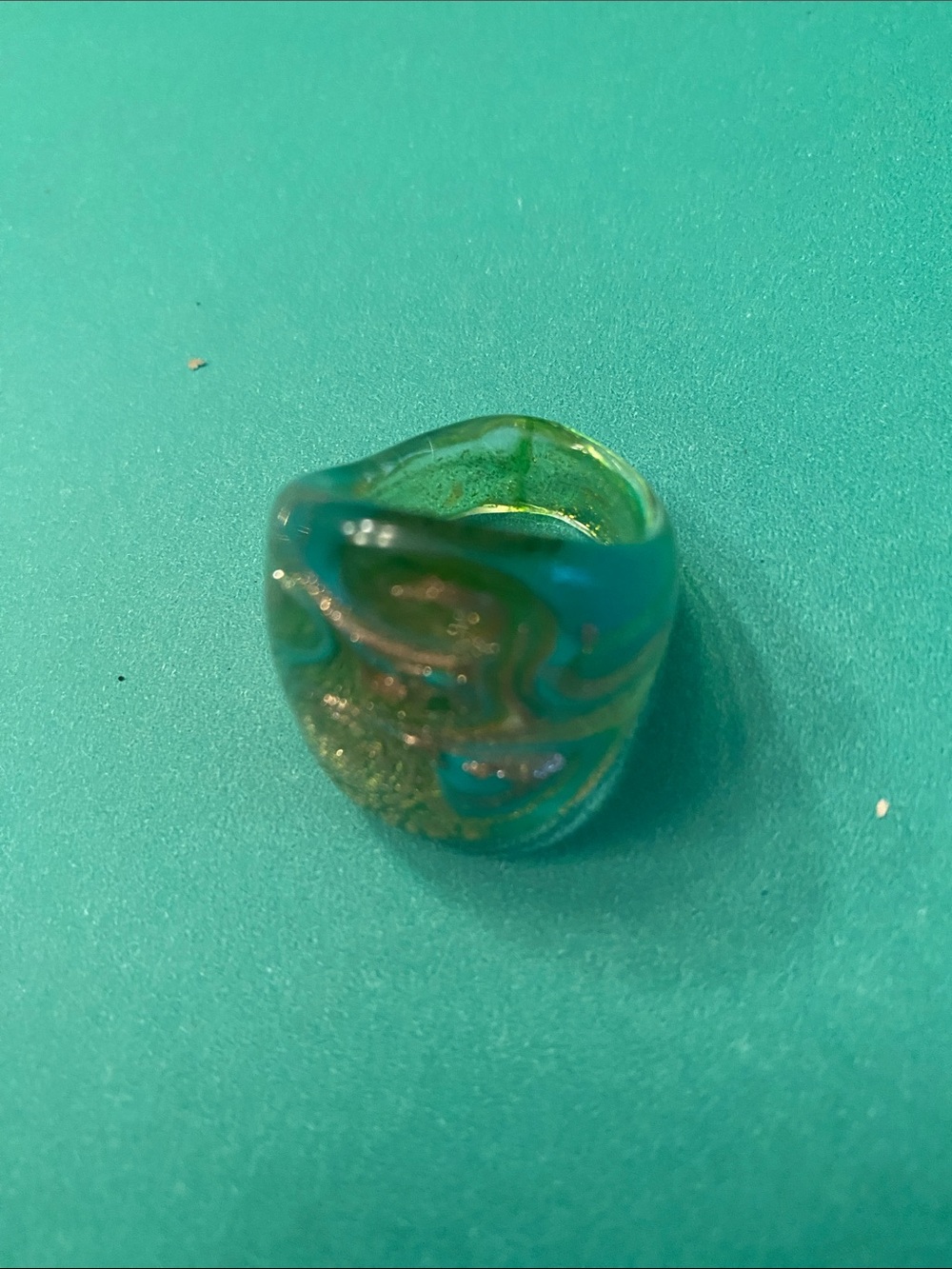 Handcrafted Murano Teal Glass Statement Ring with Gold Swirl